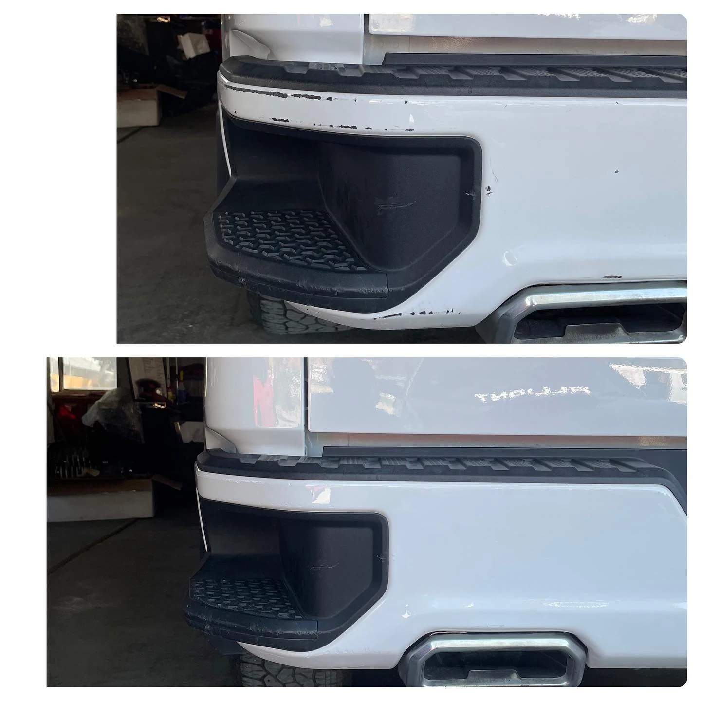 Two-panel white bumper transformation showing original scuffs above and completed result below