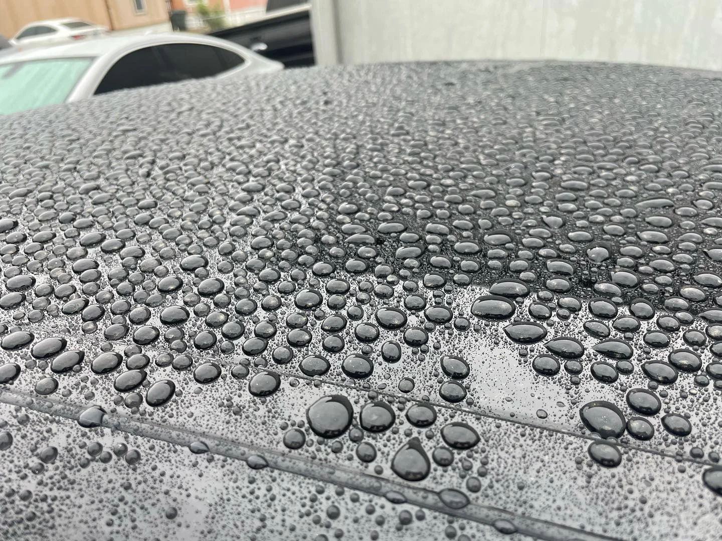 Water beads across a dark vehicle panel