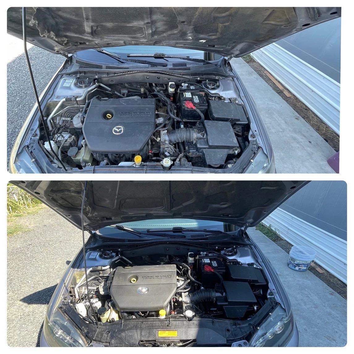 Two-panel engine-bay transformation with the clean finished bay above and dusty original condition below