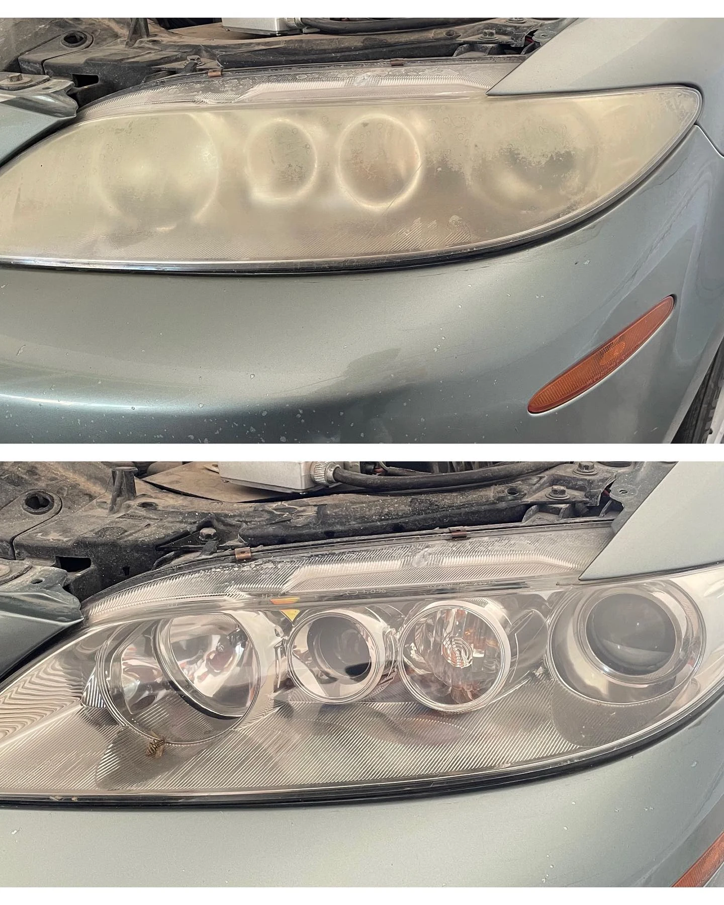 Two-panel headlight transformation showing the cloudy lens above and clear finished lens below